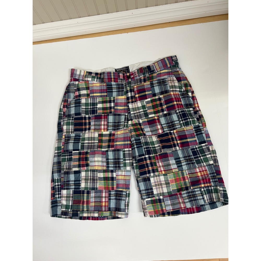 American Living Mens Patchwork Madras Plaid Shorts Multi Color Cotton Size 36